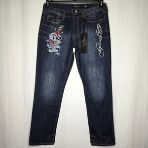 Ed Hardy Y2K Rhinestone Tattoo Skull Missy Bootcut Women's Jeans NWT Size 16